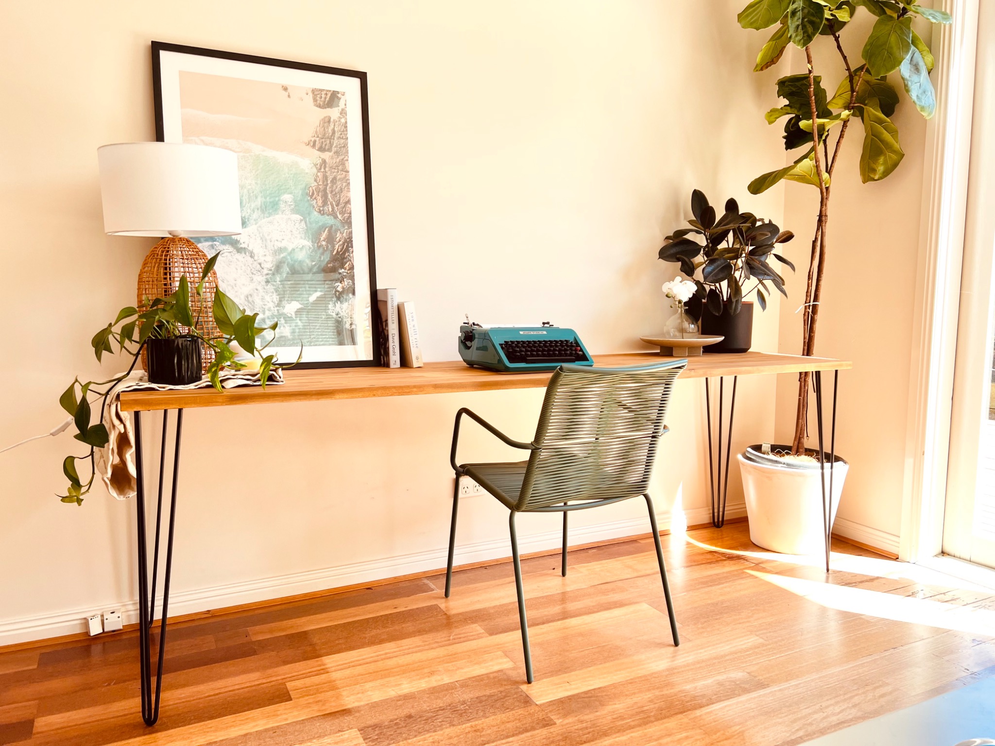 Wythfield long industrial table with hairpin legs in a bright Melbourne living room